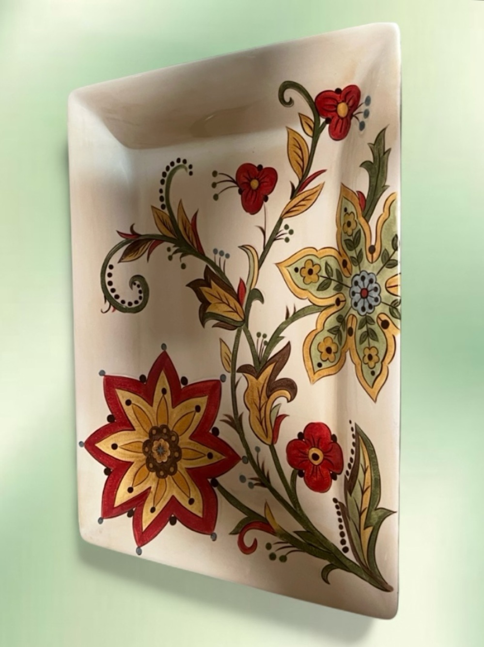 Pier 1 Cream Rectangular Serveware Tray with Red, Yellow and Green Floral Motif